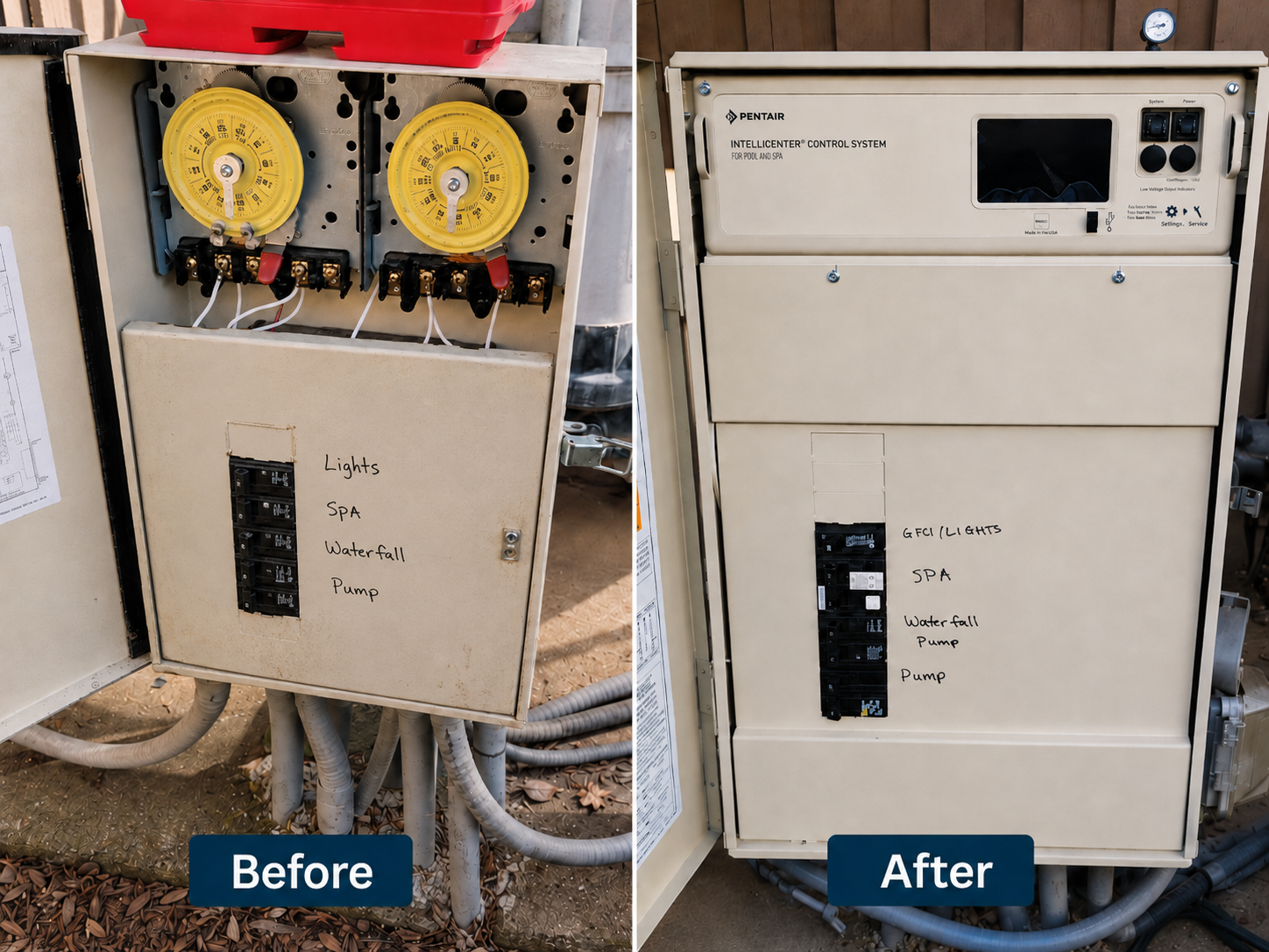 Before and after pool automation upgrade showing an old timer panel replaced with a Pentair IntelliCenter control system by The Goods Pool Service, LLC.