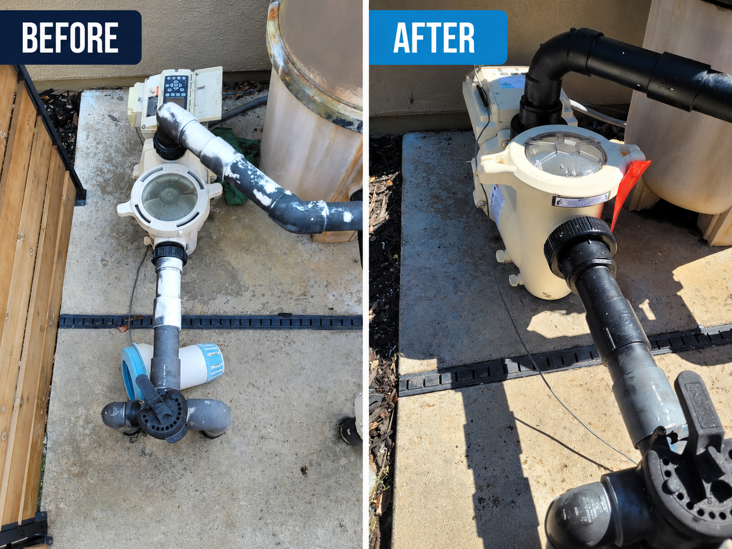 Before and after pool pump plumbing repair by The Goods Pool Service in Roseville, CA