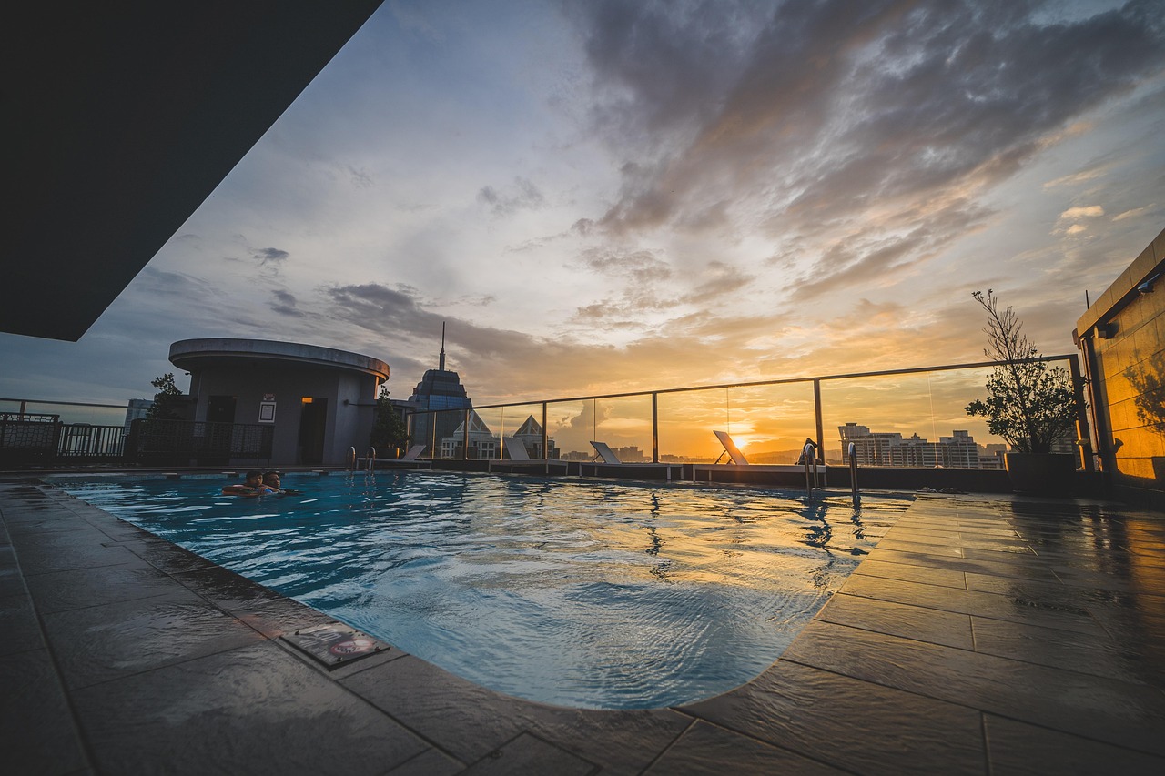 swimming pool, city, sunset, building, pool, nature, skyline