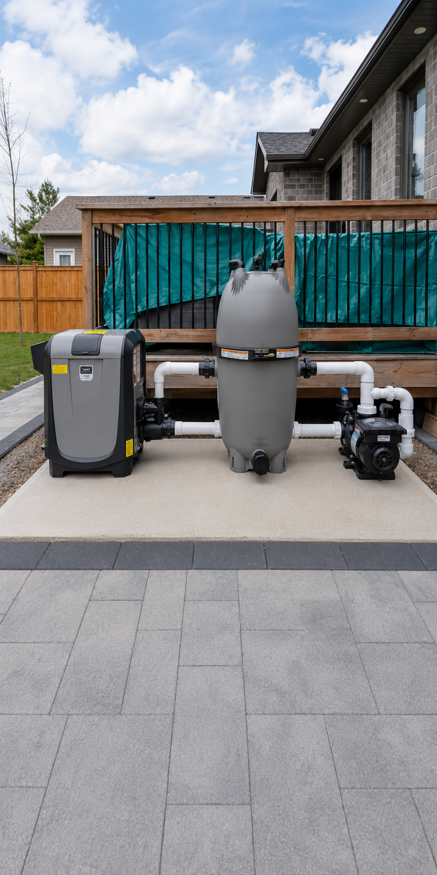 Professional pool equipment setup with pump, filter, heater, and plumbing for residential pool service.